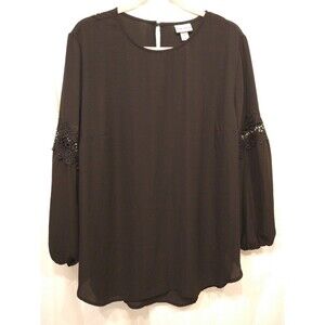 Ava & Viv 2X Black Long Sleeve Dress Shirt Blouse Top Lace Insets core basic